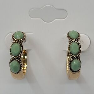 MONET Gold Tone Hoop Earrings Green Faceted Glass Stones Rope Detail